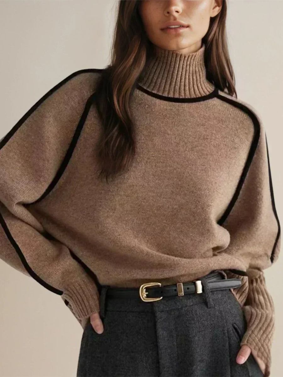 Clarissa | Women's Winter Sweater – Turtleneck with Contrast Piping, Brown view 3