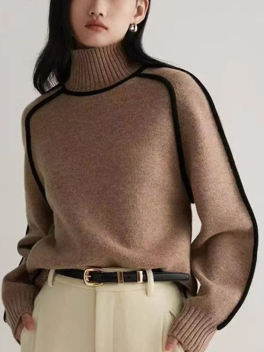 Clarissa | Women's Winter Sweater – Turtleneck with Contrast Piping, Brown view 4
