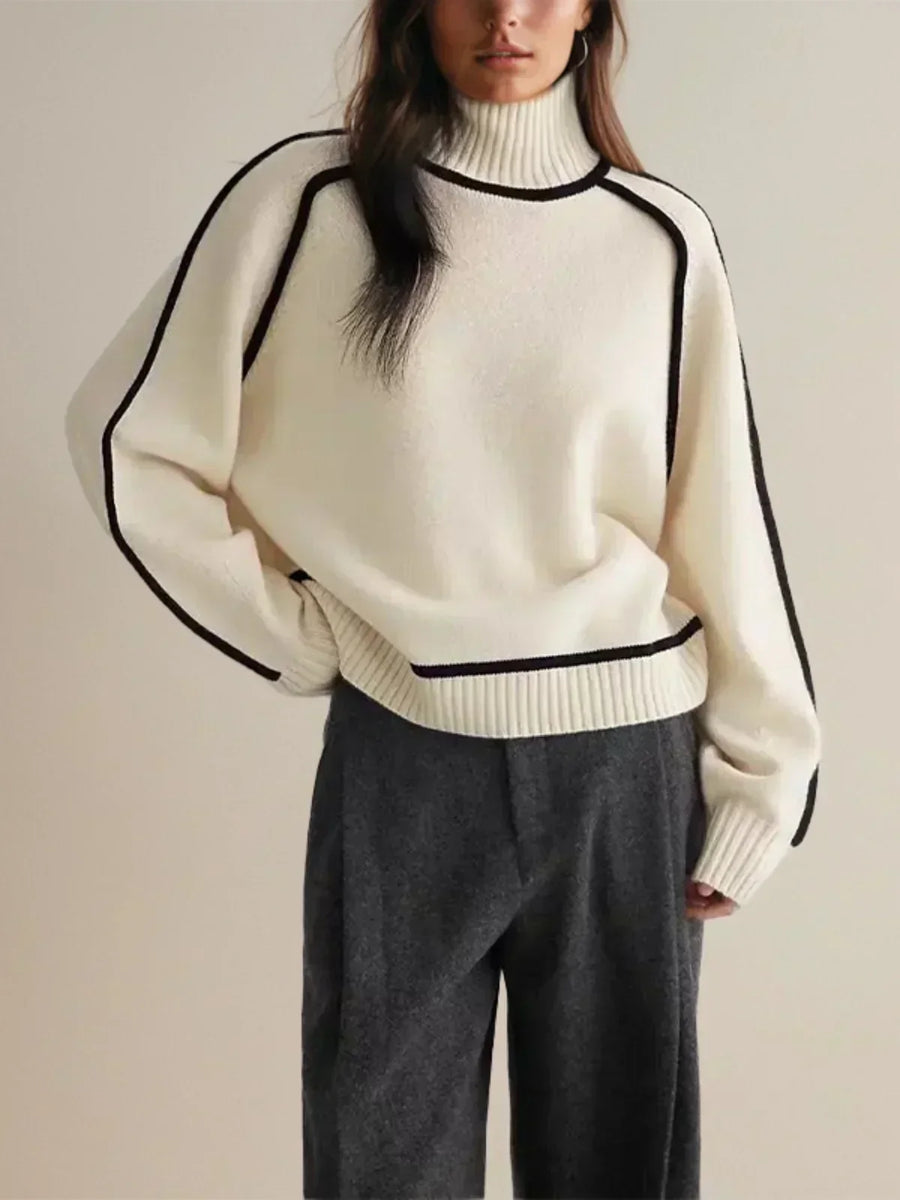 Clarissa | Women's Winter Sweater – Turtleneck with Contrast Piping, Brown view 6