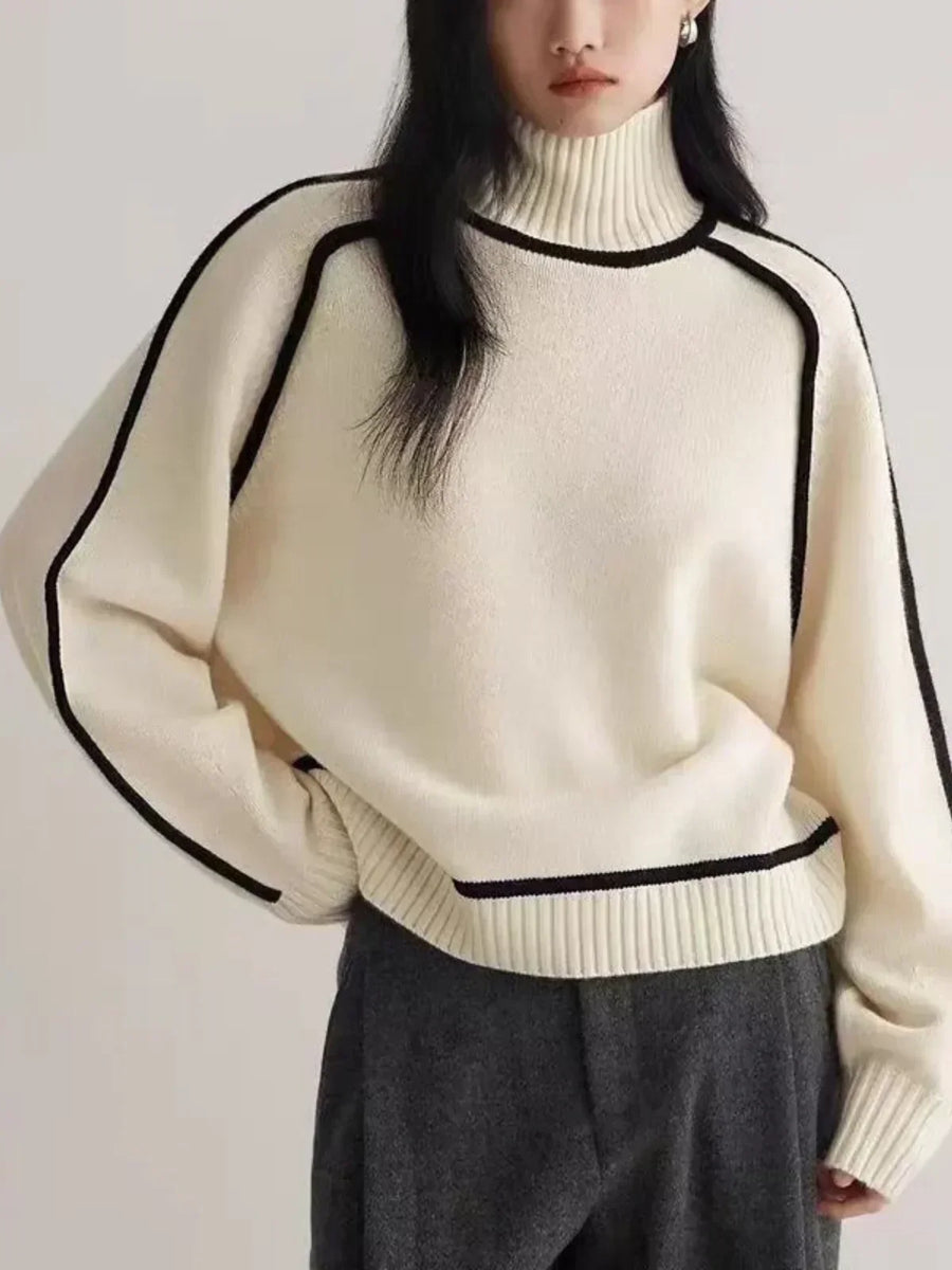 Clarissa | Women's Winter Sweater – Turtleneck with Contrast Piping, Brown view 7