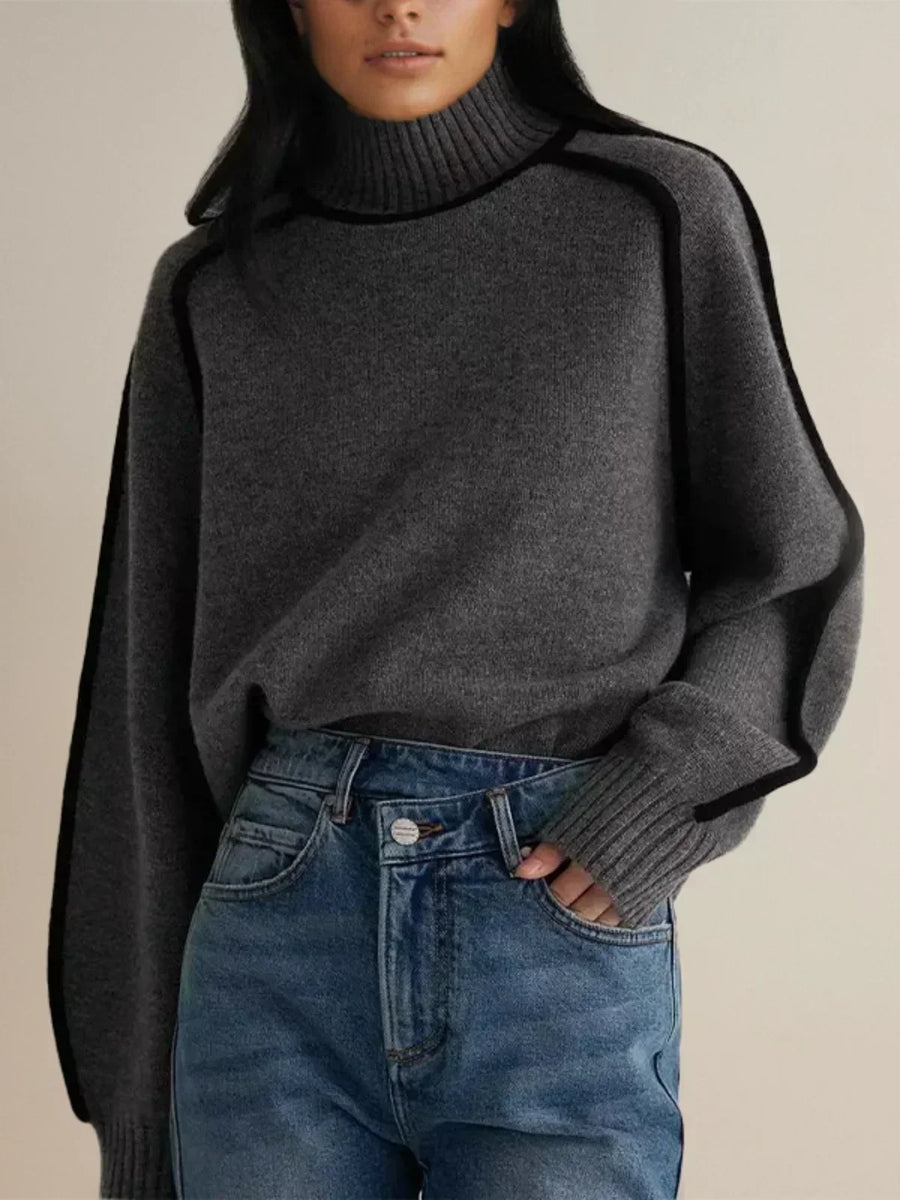 Clarissa | Women's Winter Sweater – Turtleneck with Contrast Piping, Brown view 8