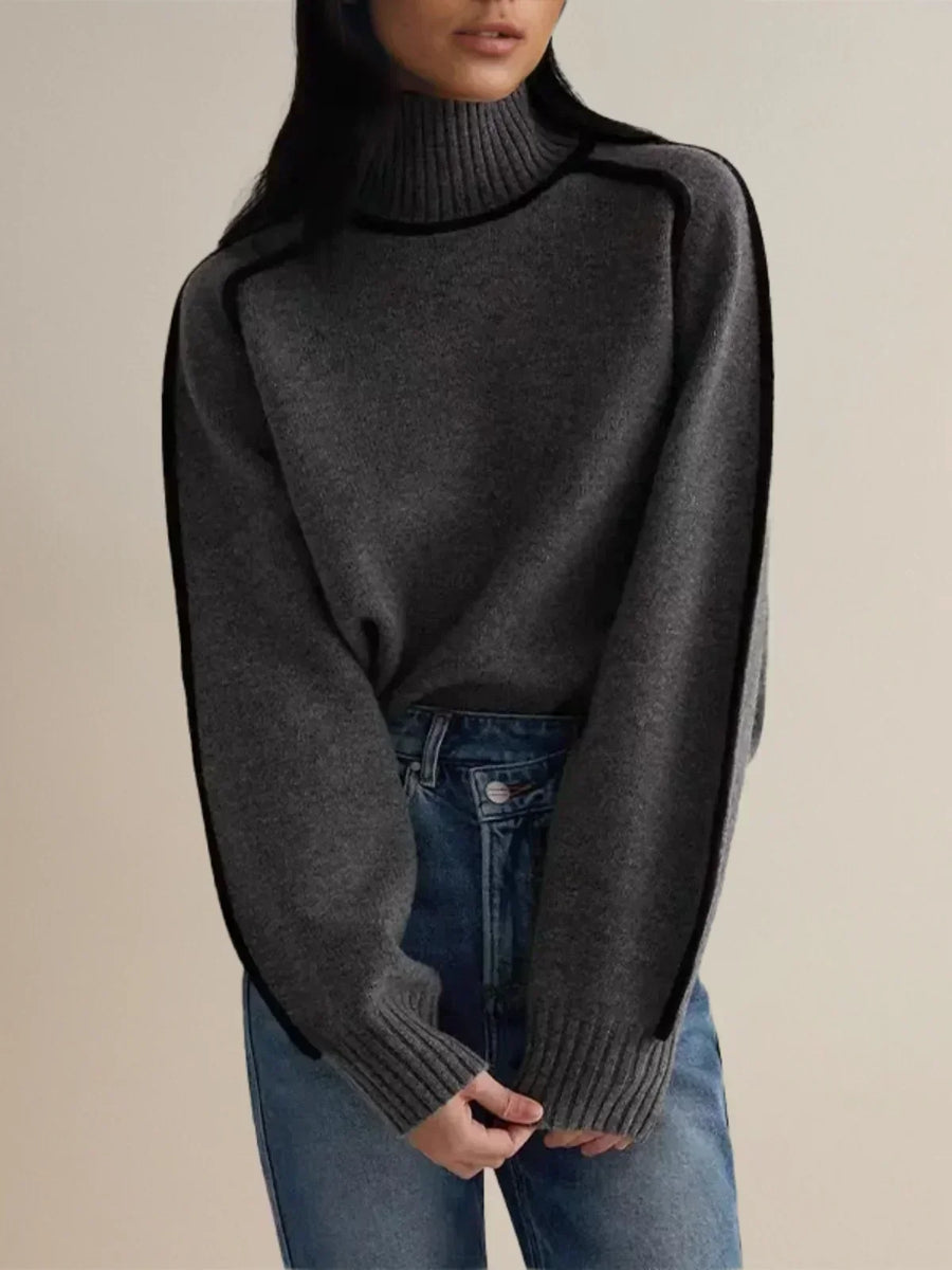 Clarissa | Women's Winter Sweater – Turtleneck with Contrast Piping, Brown view 9