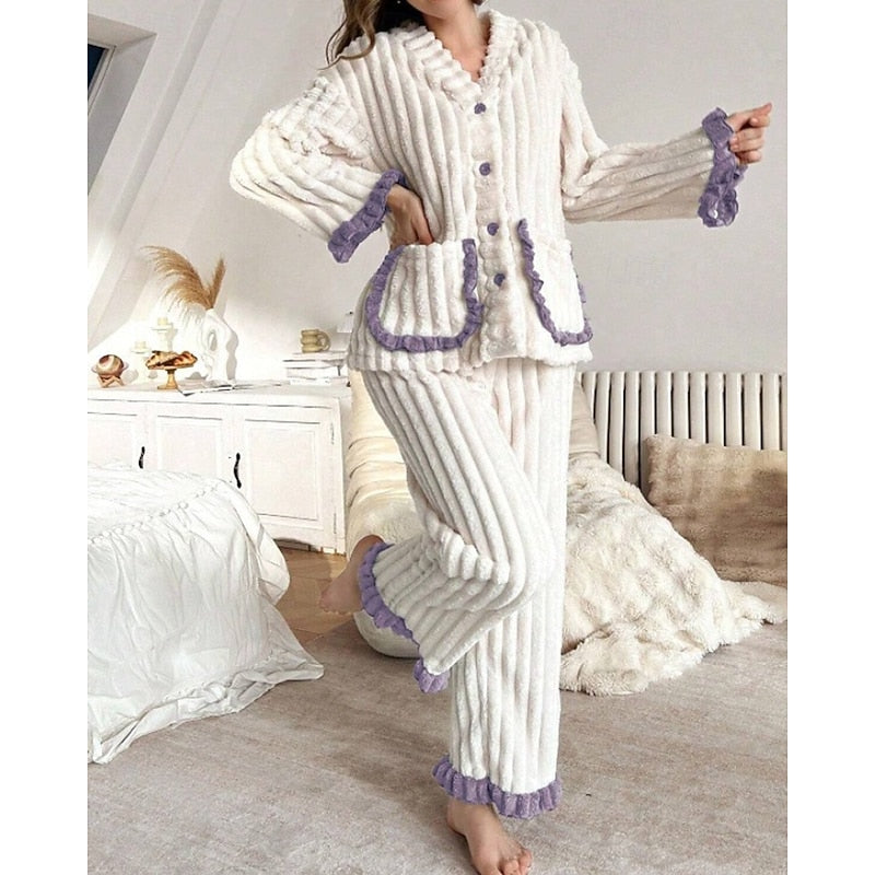 Winifred | Women's Plush Lounge Set – Ruffle Trim Two Piece Pajama Set view 6