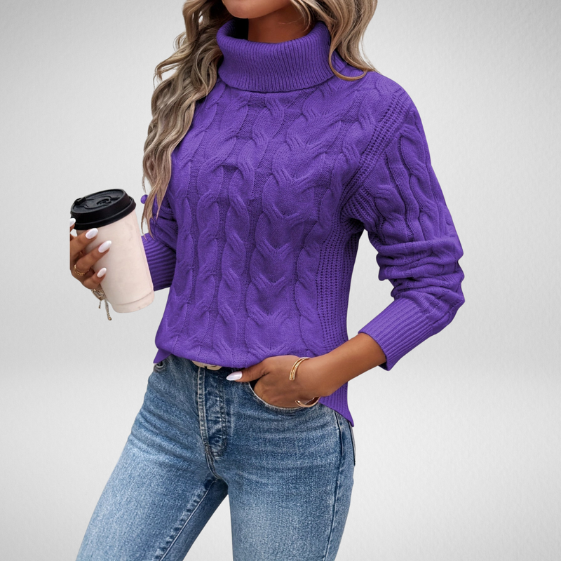 Gloria | Women's Winter Sweater – Cable Knit Turtleneck, Purple