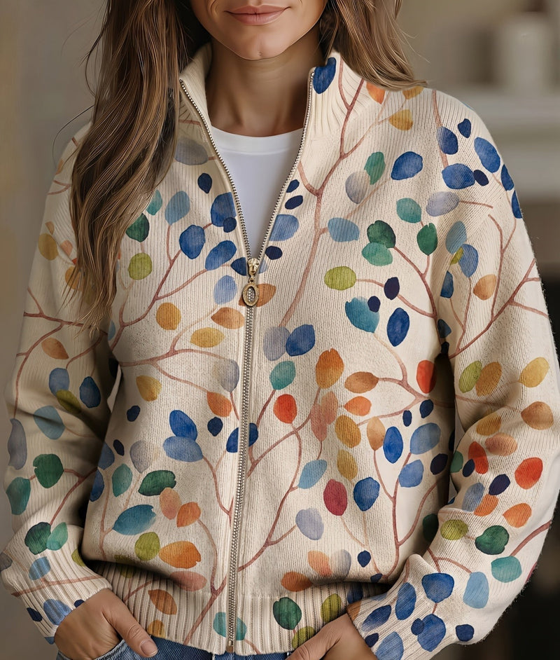 Bridie | Women's Winter Cardigan – Botanical Print Zip-Up