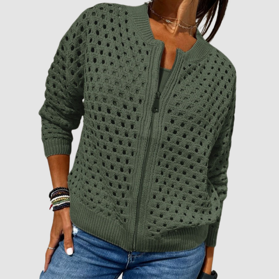 Regina | Women's Winter Cardigan – Hollow Knit Zip-Up view 3