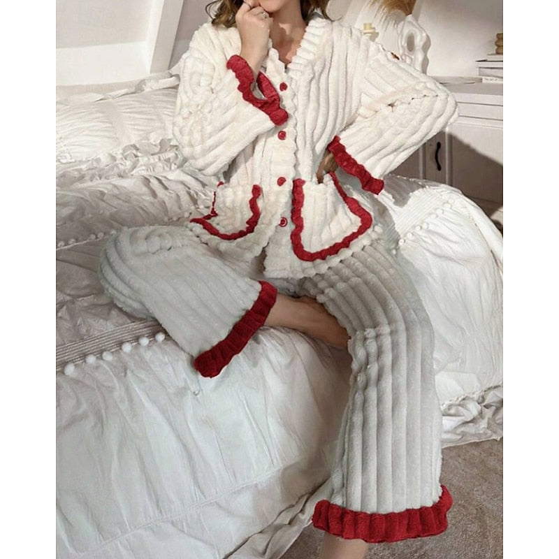 Winifred | Women's Plush Lounge Set – Ruffle Trim Two Piece Pajama Set view 11