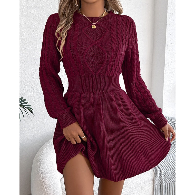 Whitney | Women's Cable Knit Sweater Dress – Fitted Waist Midi Winter Dress view 8