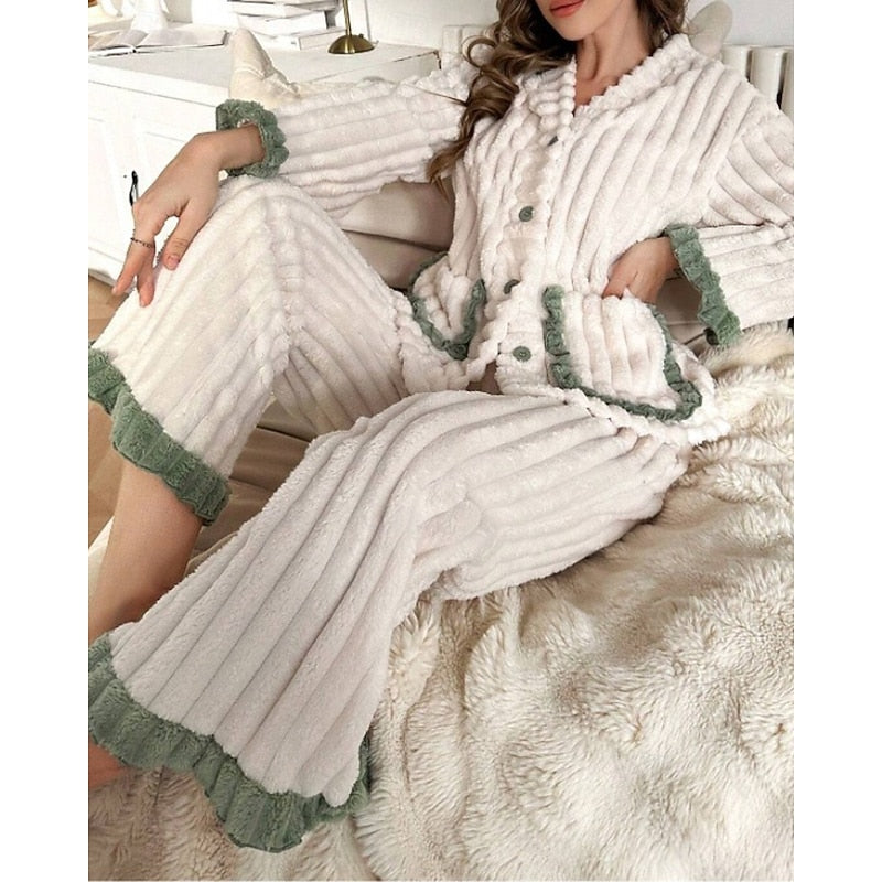Winifred | Women's Plush Lounge Set – Ruffle Trim Two Piece Pajama Set view 9