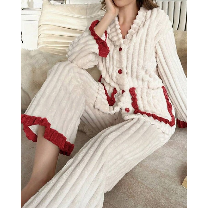 Winifred | Women's Plush Lounge Set – Ruffle Trim Two Piece Pajama Set view 13