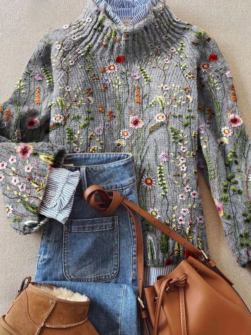 Primrose | Crew Neck Floral Ribbed Knit Sweater for Women