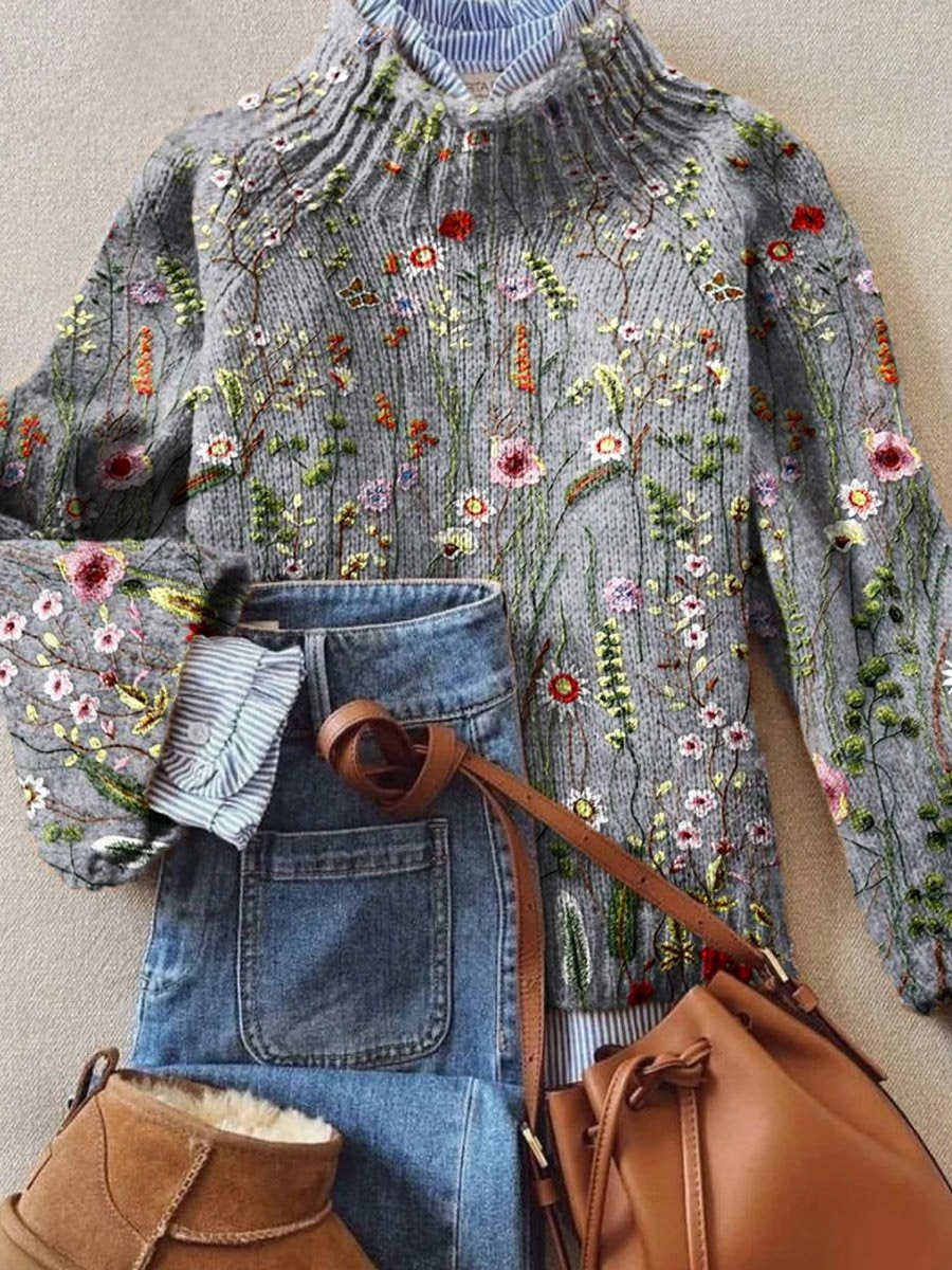 Primrose | Crew Neck Floral Ribbed Knit Sweater for Women view 1