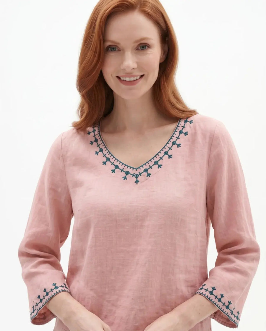 Helen | Pattern V-Neck Linen Blouse view 2