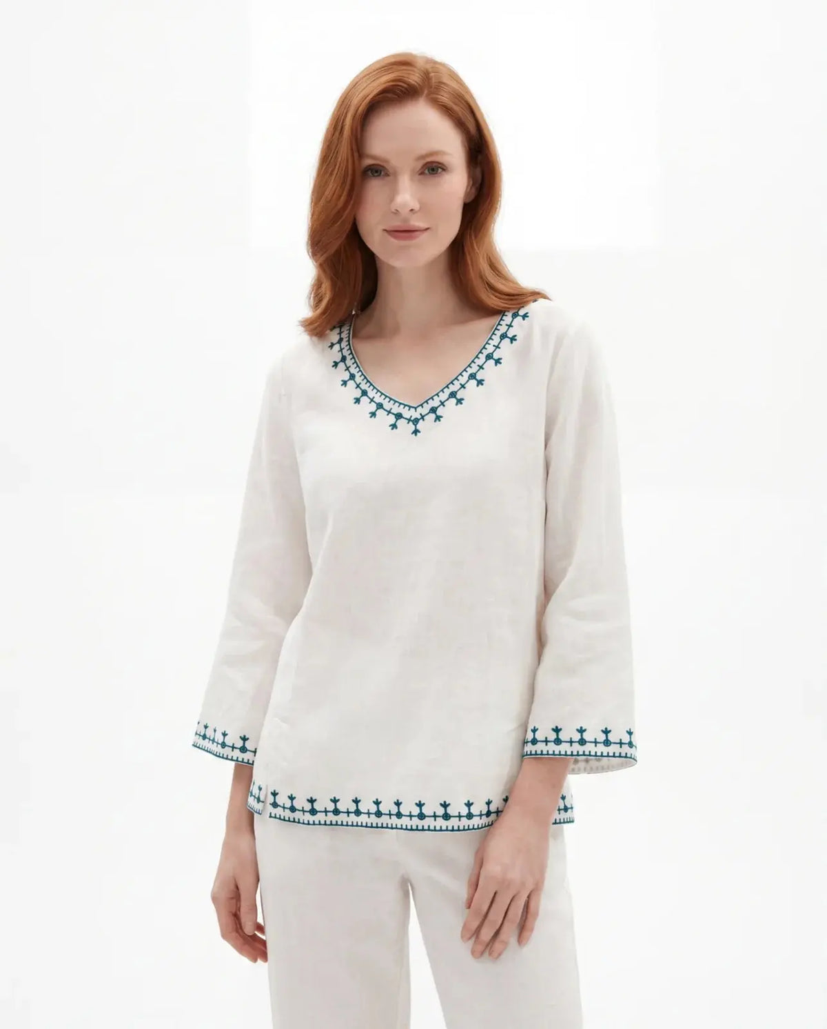 Helen | Pattern V-Neck Linen Blouse