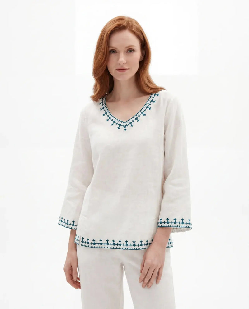 Helen | Pattern V-Neck Linen Blouse