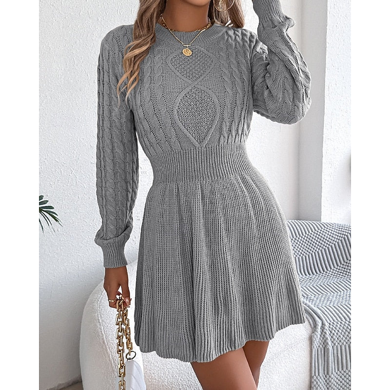 Whitney | Women's Cable Knit Sweater Dress – Fitted Waist Midi Winter Dress view 5
