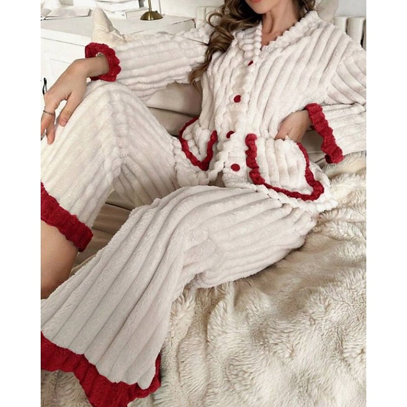 Winifred | Women's Plush Lounge Set – Ruffle Trim Two Piece Pajama Set view 12