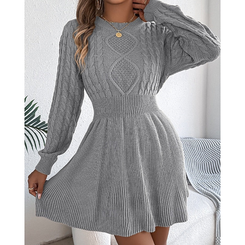 Whitney | Women's Cable Knit Sweater Dress – Fitted Waist Midi Winter Dress view 4