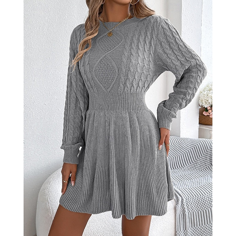 Whitney | Women's Cable Knit Sweater Dress – Fitted Waist Midi Winter Dress view 2