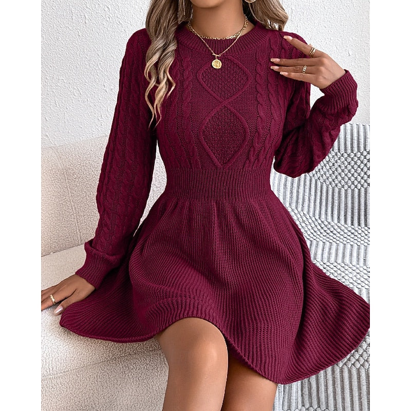 Whitney | Women's Cable Knit Sweater Dress – Fitted Waist Midi Winter Dress view 11
