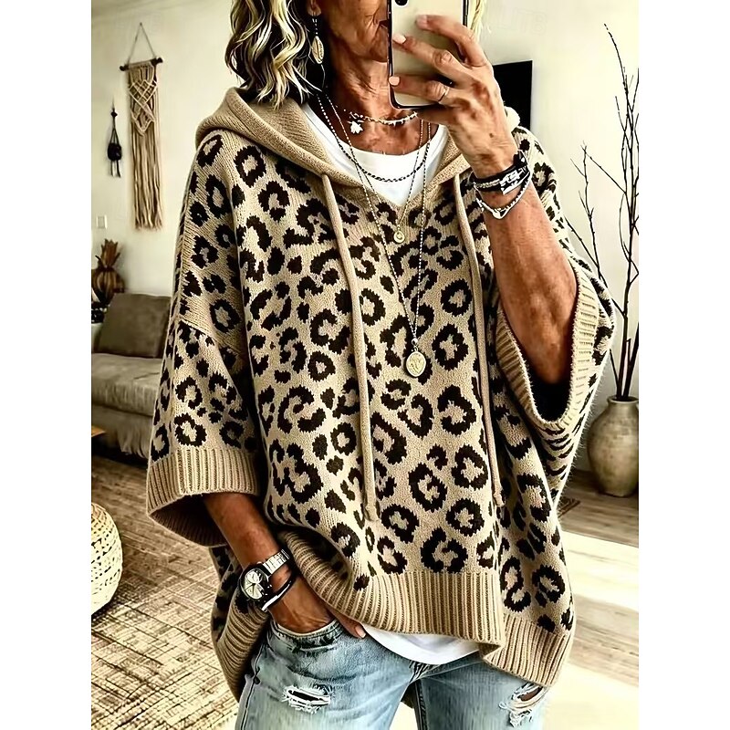 Marlena | Women's Animal Print Hooded Sweater – Oversized Knit Pullover