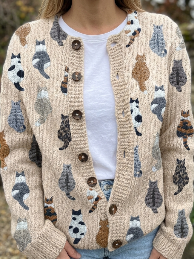 Myra | Women's Winter Cardigan – Cat Print Button-Front
