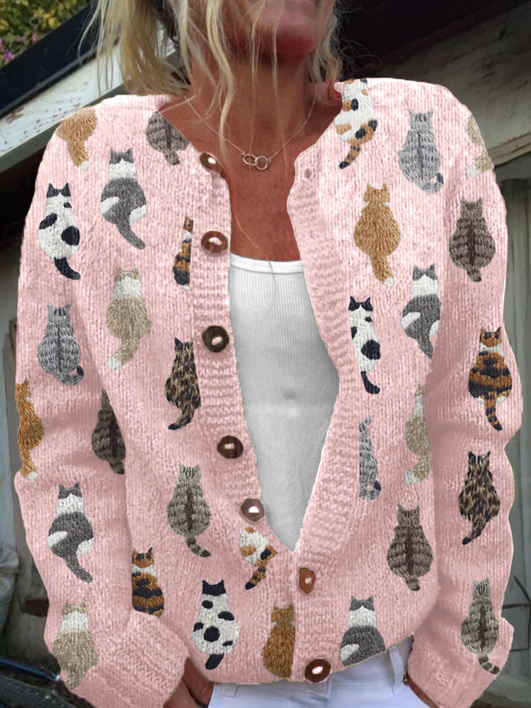 Myra | Women's Winter Cardigan – Cat Print Button-Front view 2