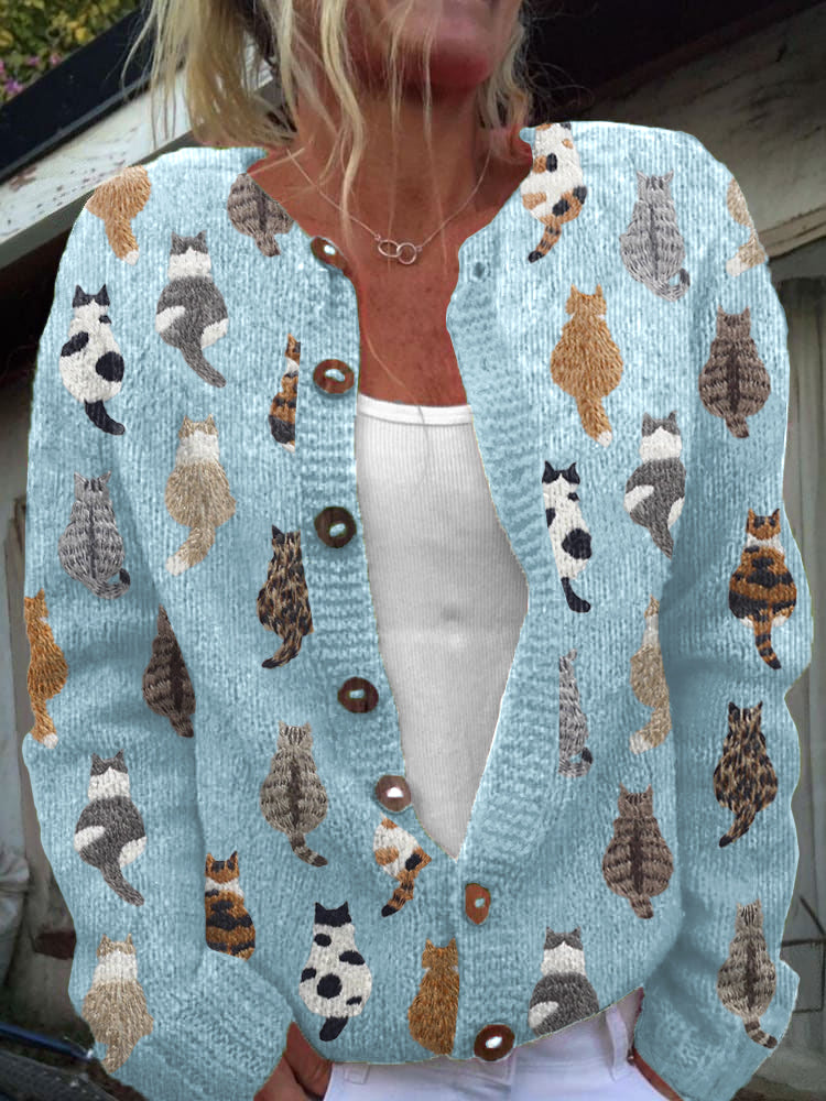 Myra | Women's Winter Cardigan – Cat Print Button-Front view 3