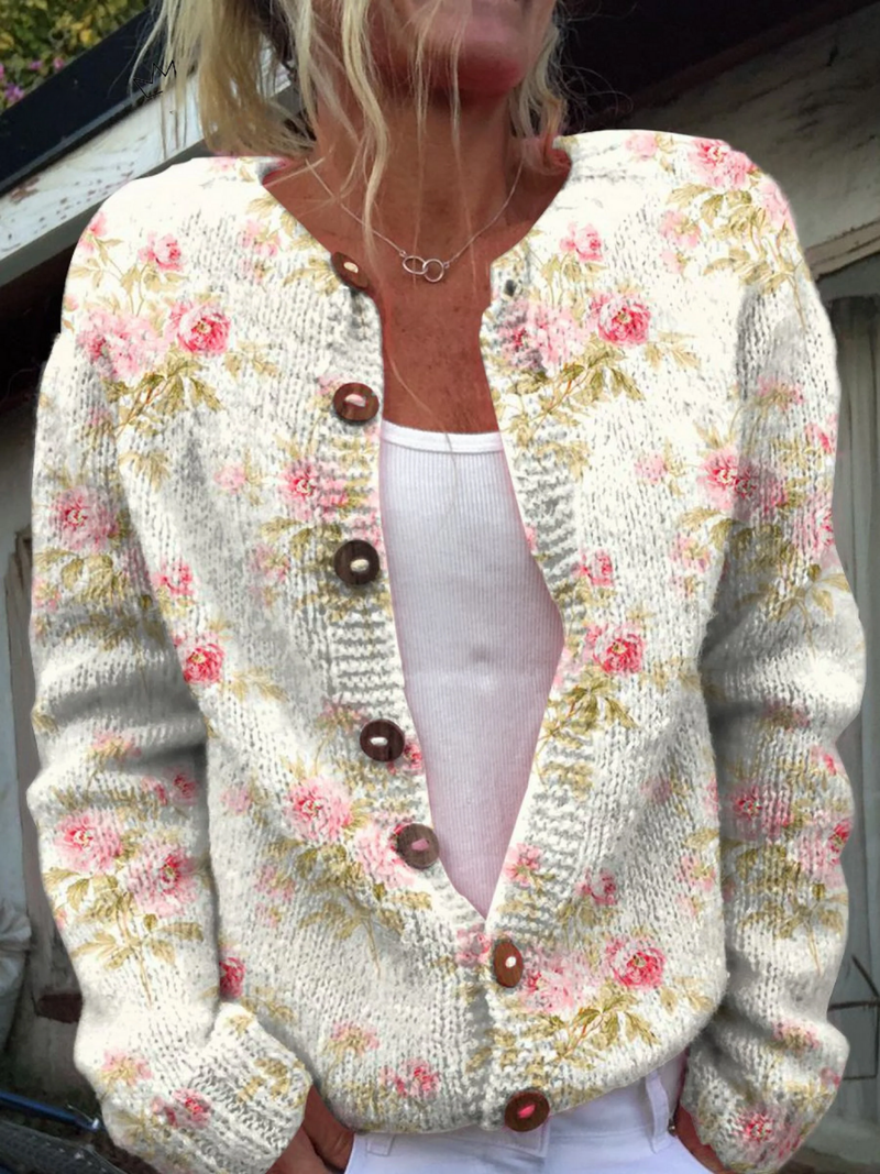 Noor | Women's Winter Cardigan – Floral Knit Button-Up