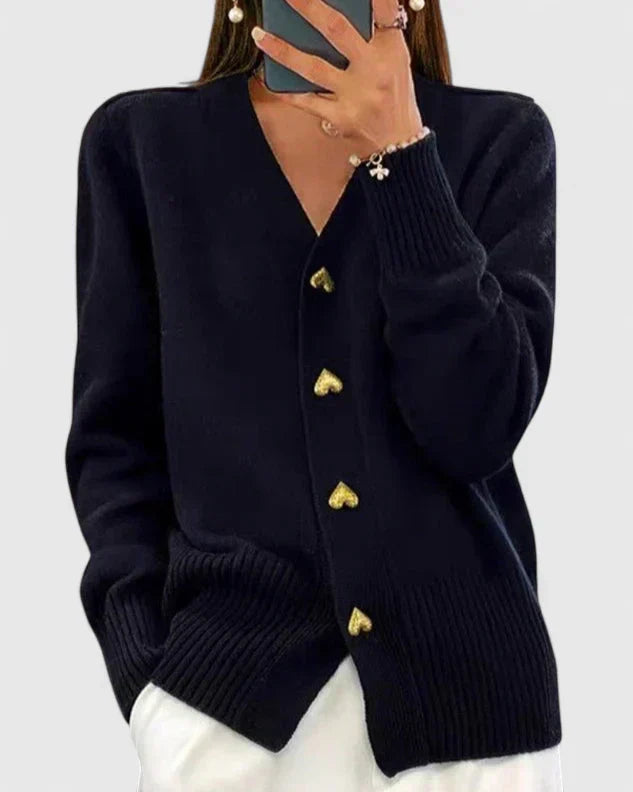 Saffron | Women's Winter Cardigan – Cashmere-Feel V-Neck Heart Button Detail