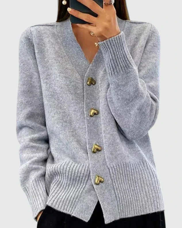 Saffron | Women's Winter Cardigan – Cashmere-Feel V-Neck Heart Button Detail view 2