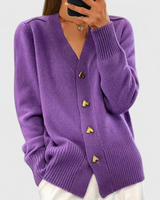 Saffron | Women's Winter Cardigan – Cashmere-Feel V-Neck Heart Button Detail view 4