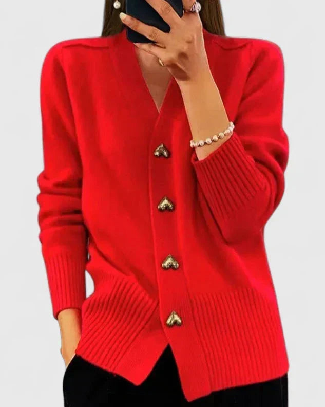 Saffron | Women's Winter Cardigan – Cashmere-Feel V-Neck Heart Button Detail view 5