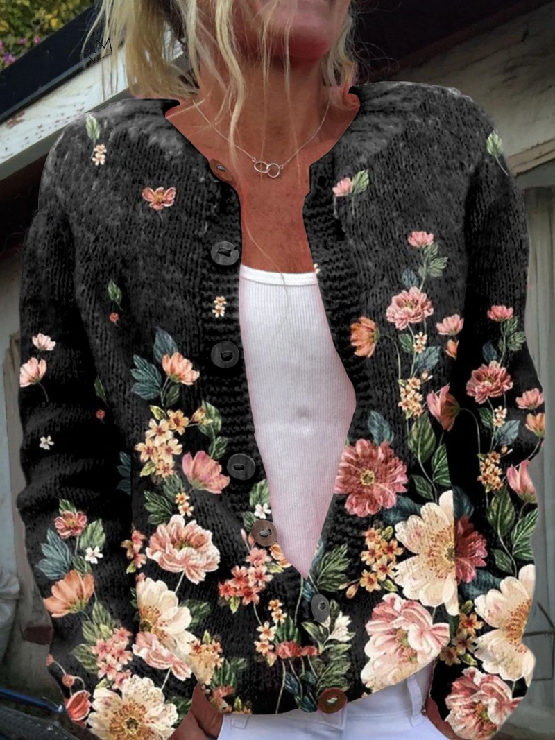 Tess | Women's Winter Cardigan – Floral Print Button-Front, Multicolor
