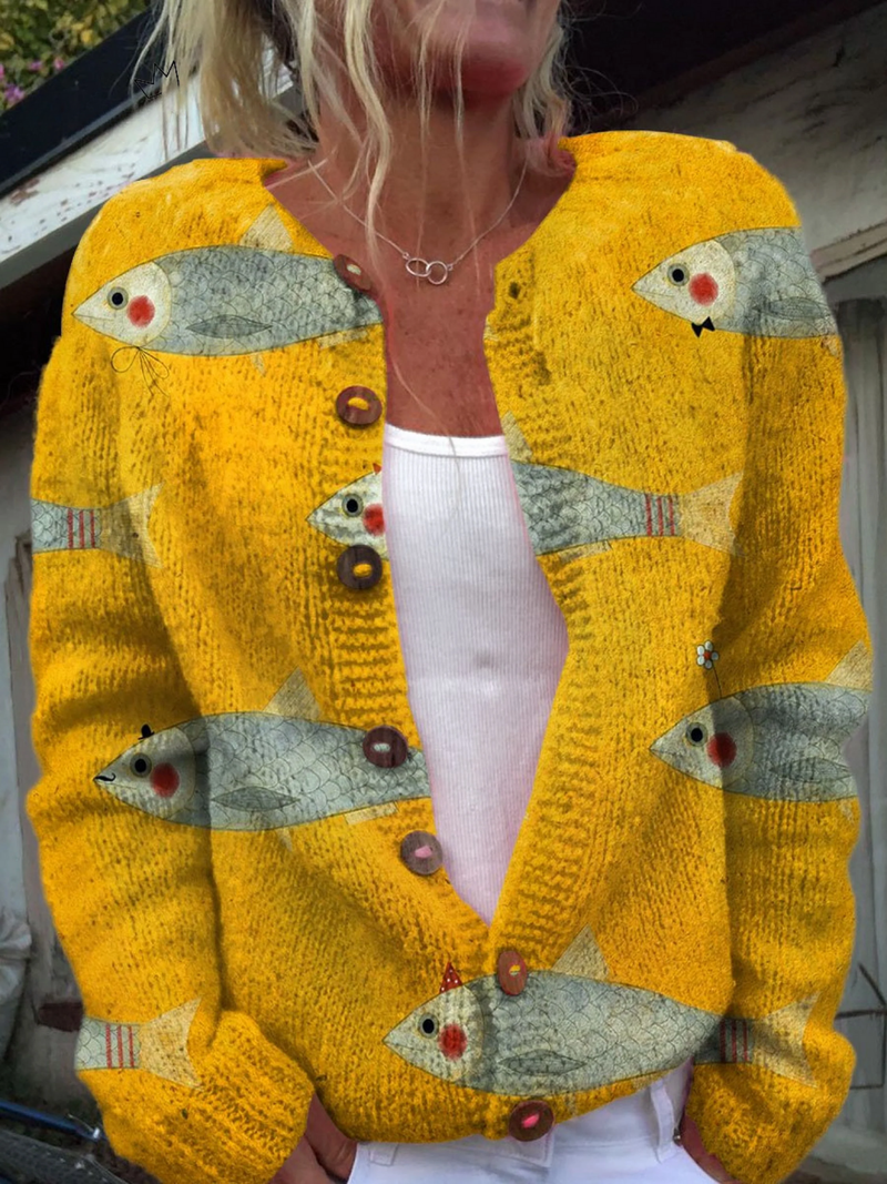 Selina | Women's Winter Cardigan – Fish Print