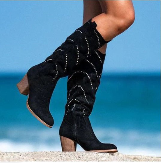 Bexley | Women's Slouch Knee High Boots – Studded Block Heel Western Boots view 3