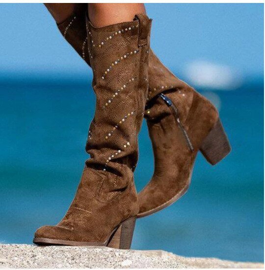 Bexley | Women's Slouch Knee High Boots – Studded Block Heel Western Boots