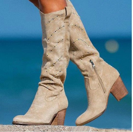 Bexley | Women's Slouch Knee High Boots – Studded Block Heel Western Boots view 4