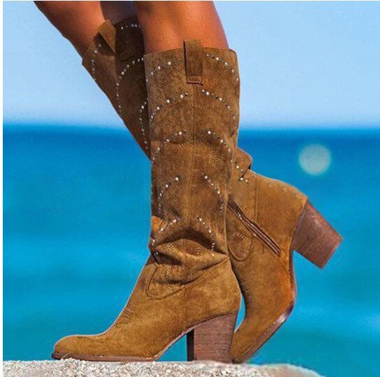 Bexley | Women's Slouch Knee High Boots – Studded Block Heel Western Boots view 2