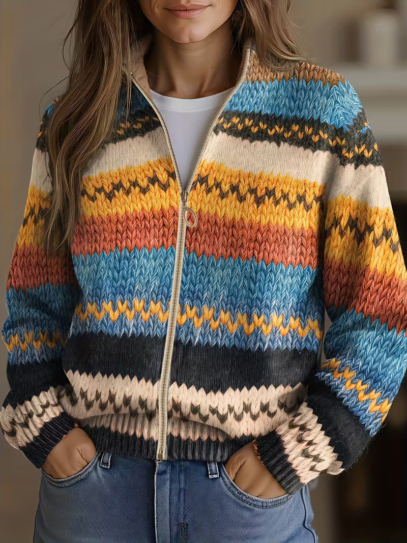 Norah | Women's Winter Cardigan – Striped Zip-Up Knit view 1