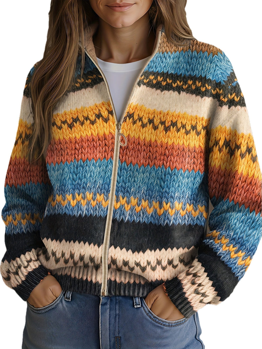 Norah | Women's Winter Cardigan – Striped Zip-Up Knit view 2