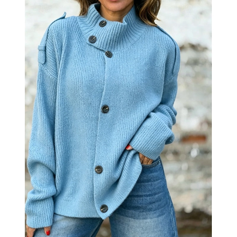 Diane | Women's Winter Cardigan – Button-Front Stand Collar Ribbed Knit view 3