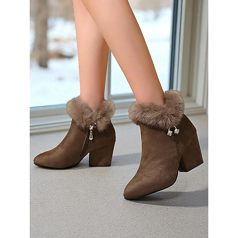 Claire | Women's Fur Trim Ankle Boots – Block Heel Winter Booties view 5
