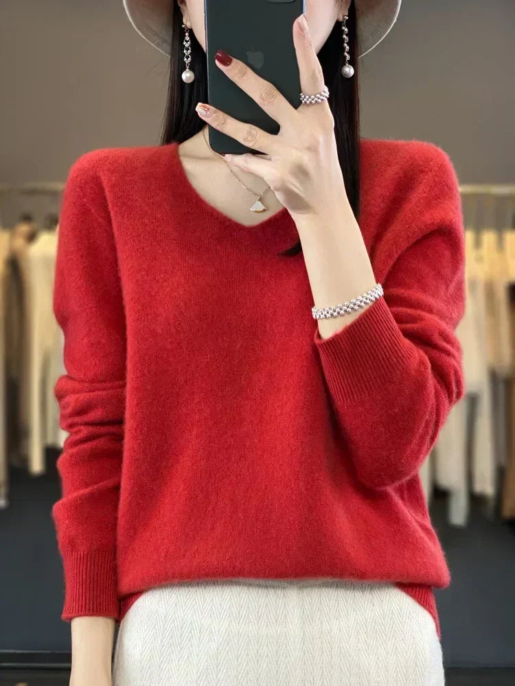 Hester | Women's Winter Sweater – Relaxed Fit V-Neck, Green view 12