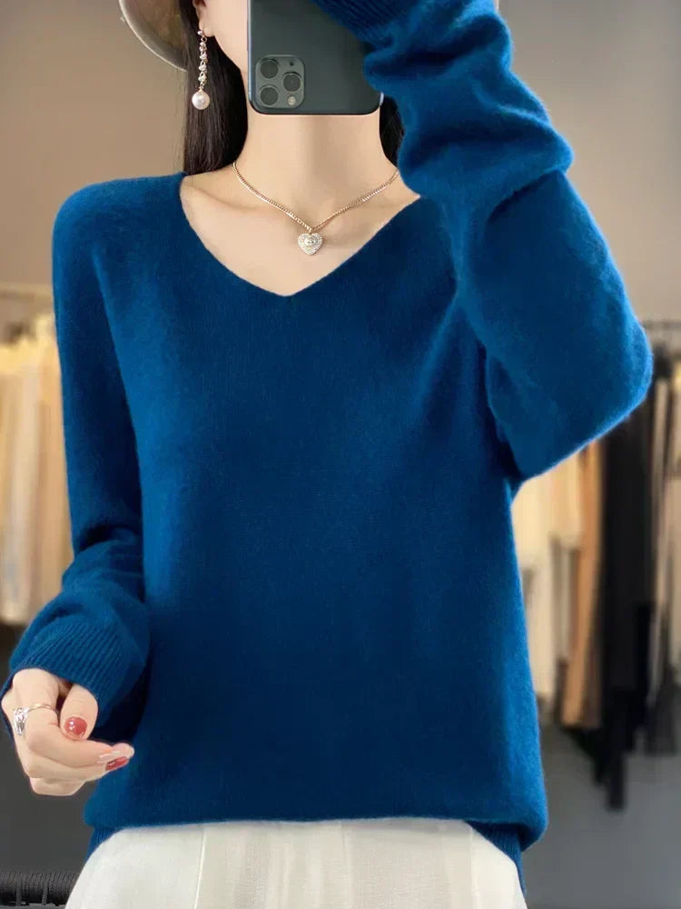 Hester | Women's Winter Sweater – Relaxed Fit V-Neck, Green view 15