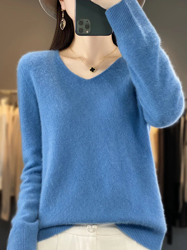 Hester | Women's Winter Sweater – Relaxed Fit V-Neck, Green view 2