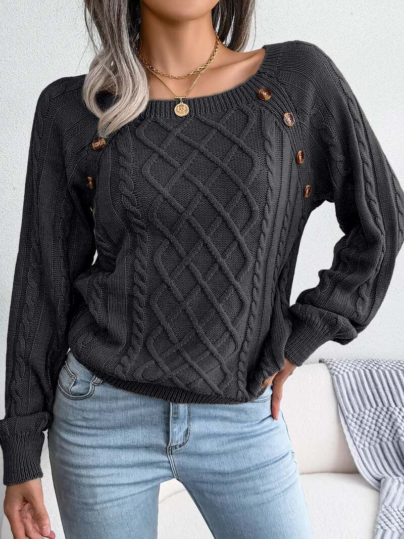 Juno | Women's Winter Sweater – Cable Knit Button Detail view 3