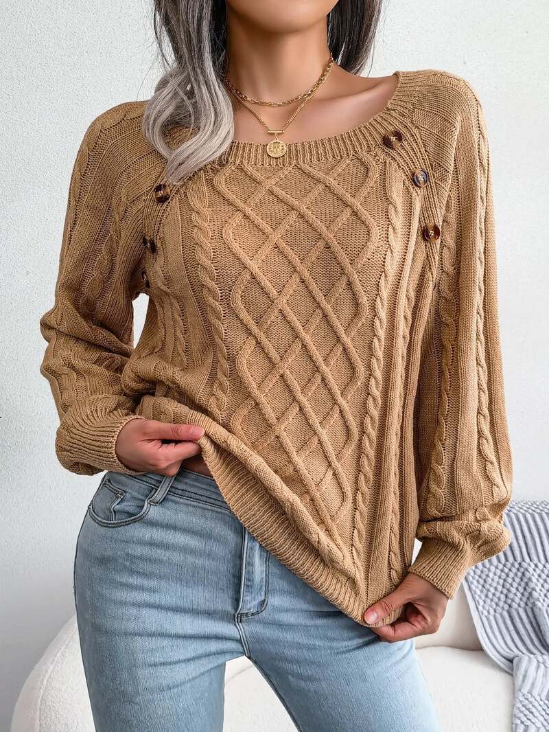 Juno | Women's Winter Sweater – Cable Knit Button Detail view 4