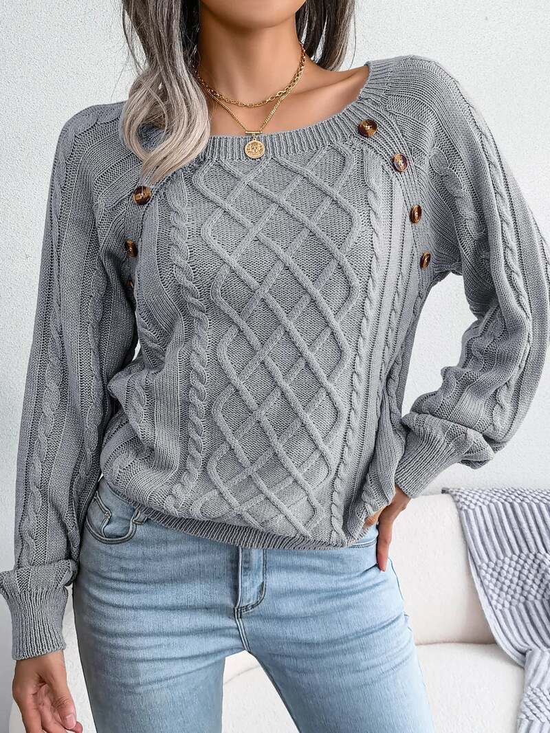 Juno | Women's Winter Sweater – Cable Knit Button Detail view 6