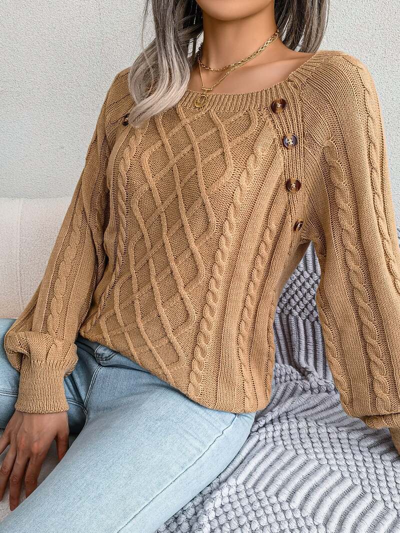 Juno | Women's Winter Sweater – Cable Knit Button Detail view 7